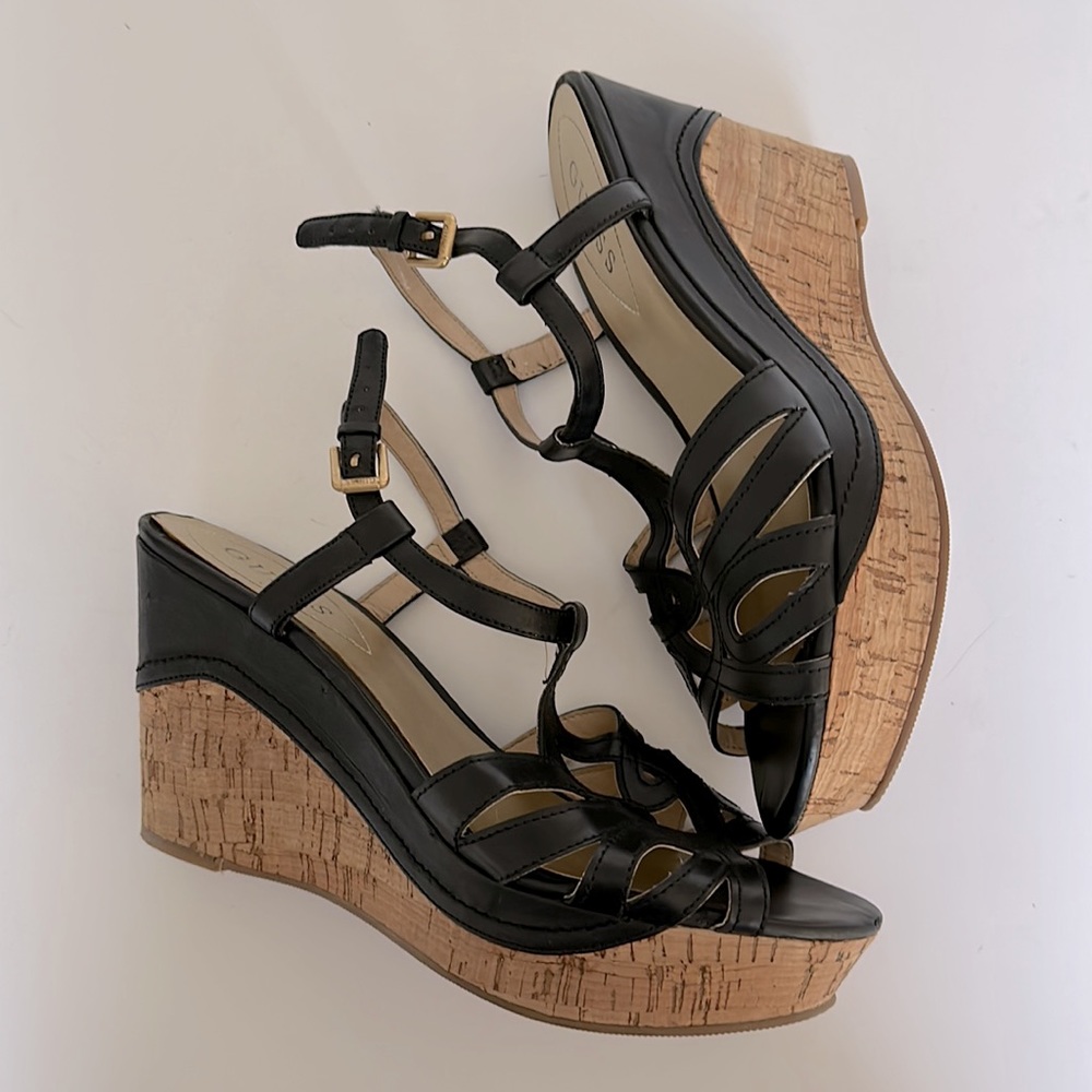 Guess Black Cork Wedge Shoes Strappy Size 8M